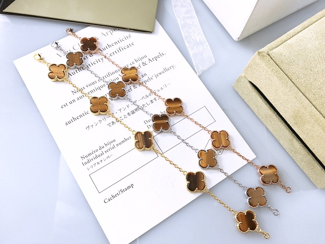 Vintage Alhambra bracelet 5 motifs Tiger Eye in white, rose, yellow gold