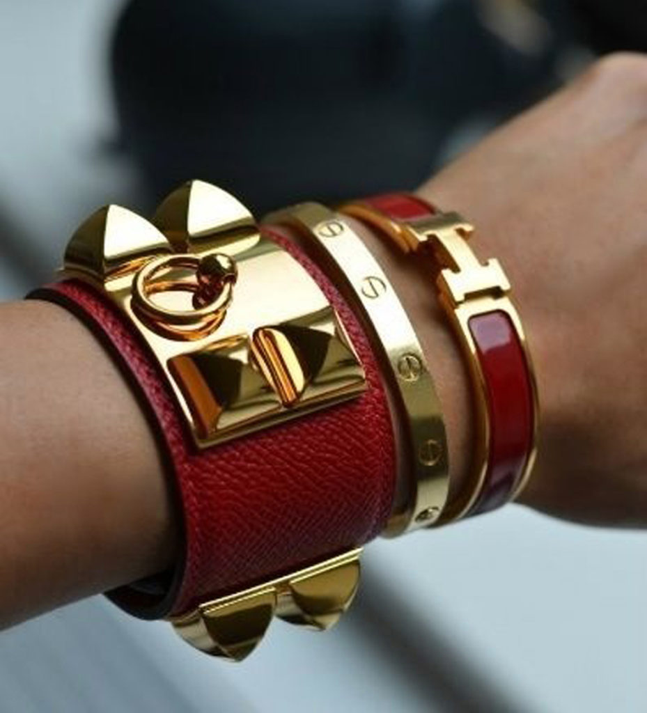 Stacking Cartier love bracelet, Hermes CDC and clic clac bracelet
