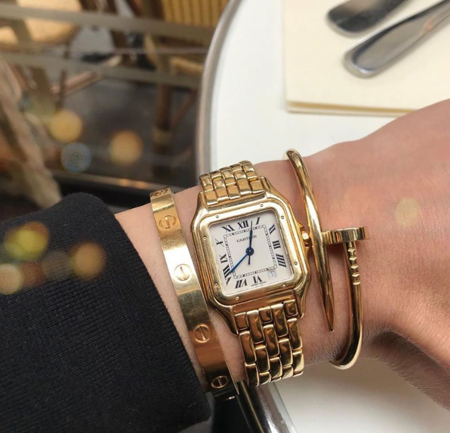 Stacking Ideas: Cartier love bracelet, Panthere De Cartier Watch and Juste un Clou Bracelet 