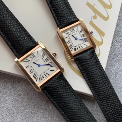Cartier Tank Solo Watch Pink Gold Small And Large Model Pink Gold black Leather