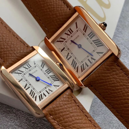 Brown Cartier Tank Solo Pink Gold Watch Small And Large