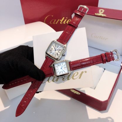 Cartier Santos Dumont women's AND men's steel red alligator leather Strap watch in small and large model