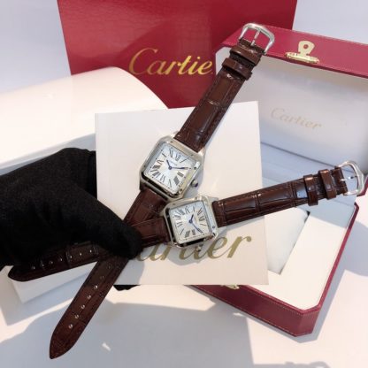 Cartier Santos Dumont women's AND men's steel brown alligator leather Strap watch in small and large model