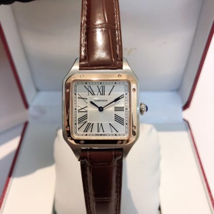 Cartier Santos Dumont pink gold and steel brown alligator leather Strap watch