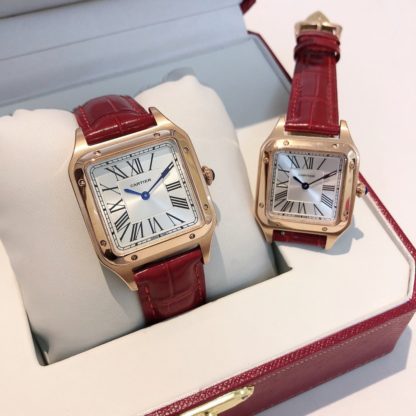 Cartier Santos-Dumont Rose Gold Silver Dial Men and women small/large Watch red alligator leather Strap