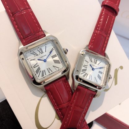 Cartier Santos Dumont steel Watch Women's Small Model and Men's Large Model red alligator leather Strap