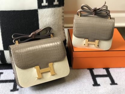 Hermes Constance Bag 24 and 18 Mini Grey Crocodile Gold Hardware