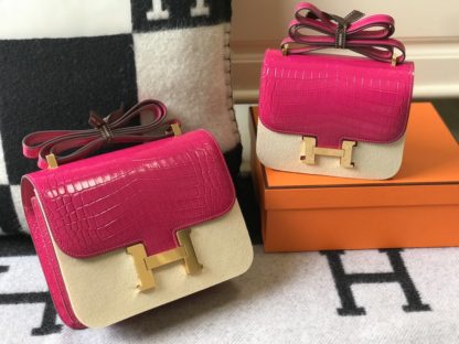 Hermes Constance 24 and 18 Mini Rose Tyrien Crocodile Gold Hardware