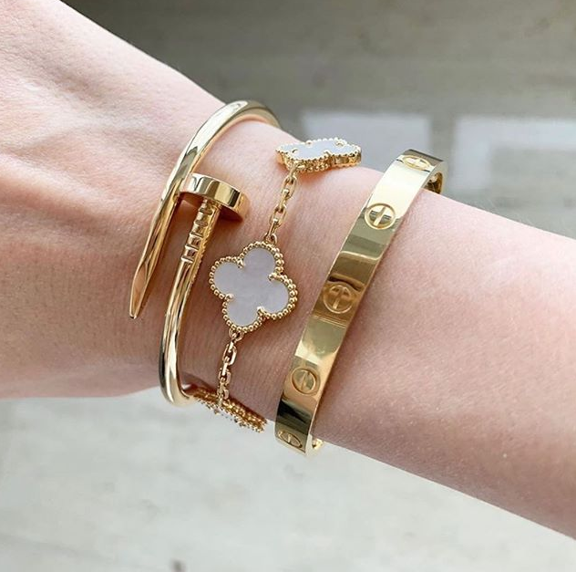 Stack: Yellow Gold Cartier Love, Juste Un Clou And Vca Alhambra Bracelet
