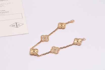 VCA Vintage Alhambra Bracelet 5 Motifs Guilloché Yellow Gold Diamonds