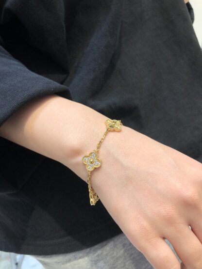 VCA Vintage Alhambra Bracelet 5 Motifs Guilloché Yellow Gold Diamonds