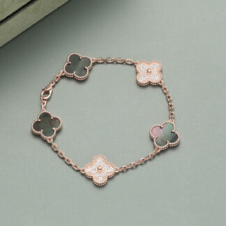 Van Cleef Vintage Alhambra Bracelet 5 Motifs Rose Gold Gray Mother-of-Pearl