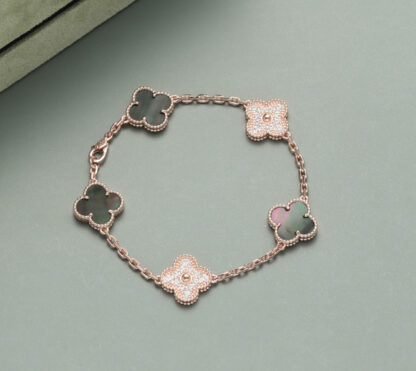 Van Cleef Vintage Alhambra Bracelet 5 Motifs Rose Gold Gray Mother-of-Pearl