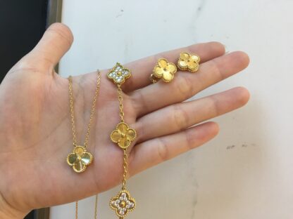 Van Cleef Guilloché Yellow Gold Sets: Vintage Alhambra Bracelet, Necklace and Earrings