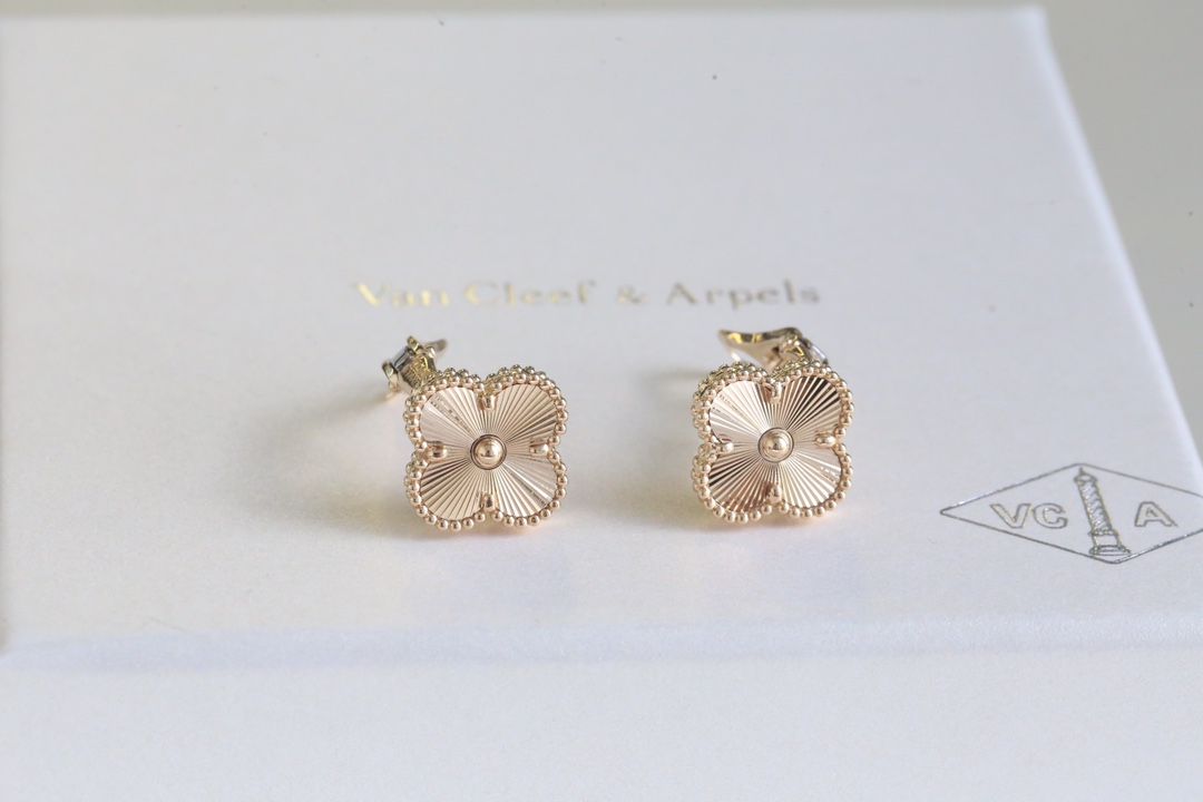 Van Cleef Vintage Alhambra Earrings Guilloché Yellow Gold