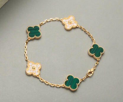 Van Cleef & Arpels Vintage Alhambra Bracelet 5 Motifs Yellow Gold Malachite Diamonds