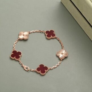 VCA Vintage Alhambra bracelet, 5 motifs, guilloché rose gold, carnelian