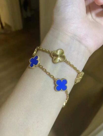 Bracelet stack: VCA Vintage Alhambra bracelet 5 motifs blue agate AND YELLOW GOLD