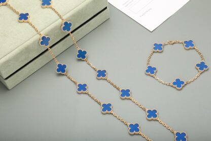 VCA Vintage Alhambra bracelet 5 motifs yellow gold blue agate and 20 motifs long necklace