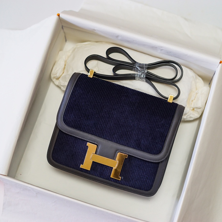 Hermes Constance 24 shoulder bag BLUE MARINE Corduroy and black Swift leather with Gold hardware Limited Edition