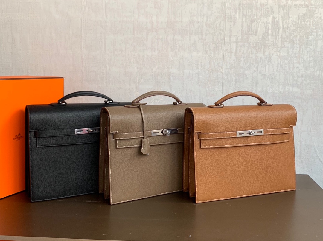 Hermes Kelly Depeches 38 Briefcase in Black, Gold and Etoupe Togo