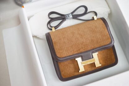 HERMES Constance 24 Ebene Corduroy and Tabac Camel Swift leather with Gold hardware