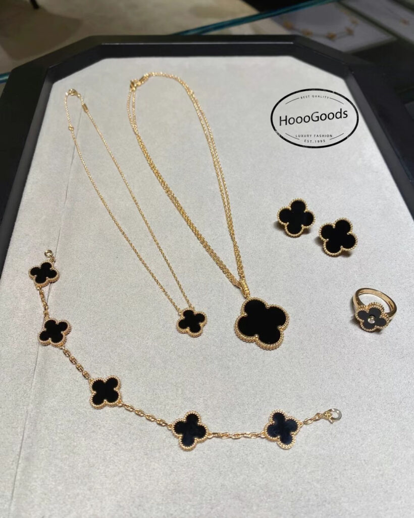 REAL 1:1 FULL HANDMADE an Cleef & Arpels Black Onyx VCA Magic/Vintage alhambra bracelet, necklace, earrings and ring YELLOW GOLD